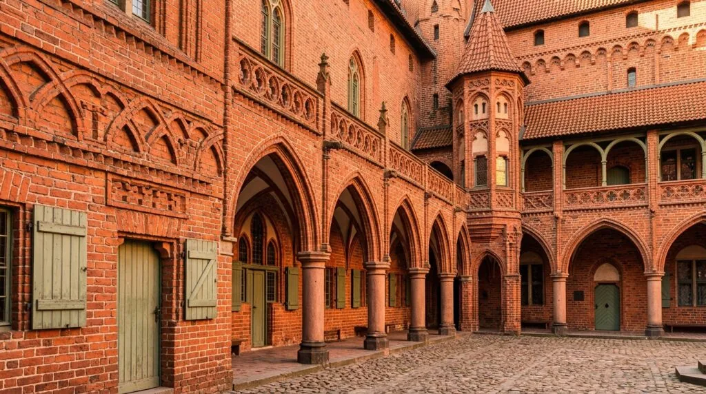 Architektura dziedzińca zamku w Malborku – gotyckie krużganki i cegła.