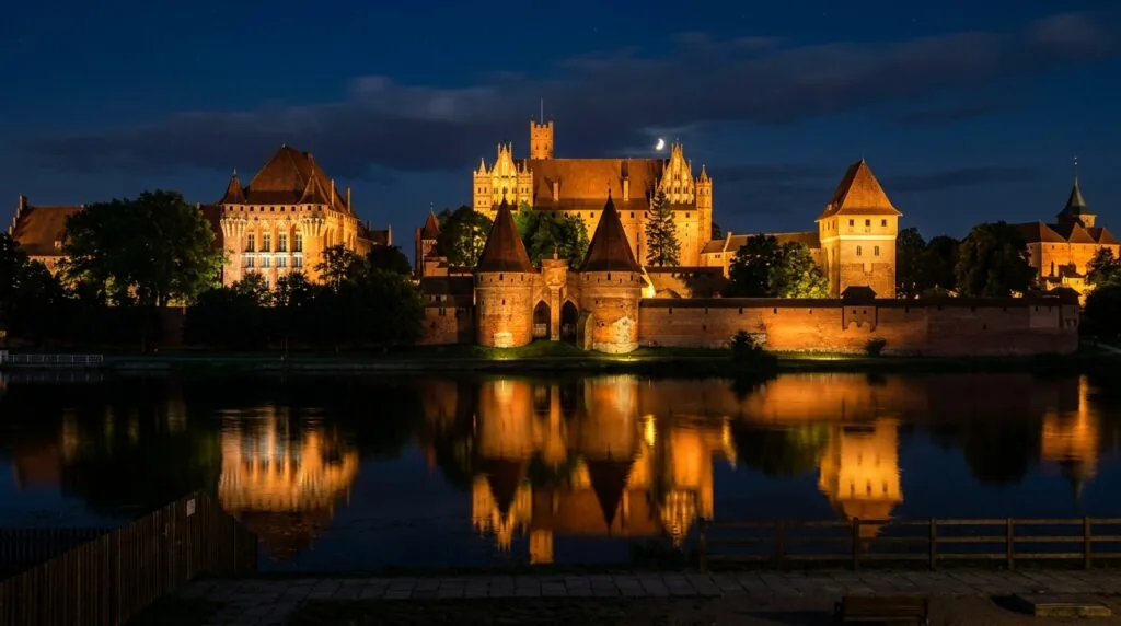  Zamek Malbork nocą – iluminacja podczas nocnego zwiedzania i Nocy Muzeów.