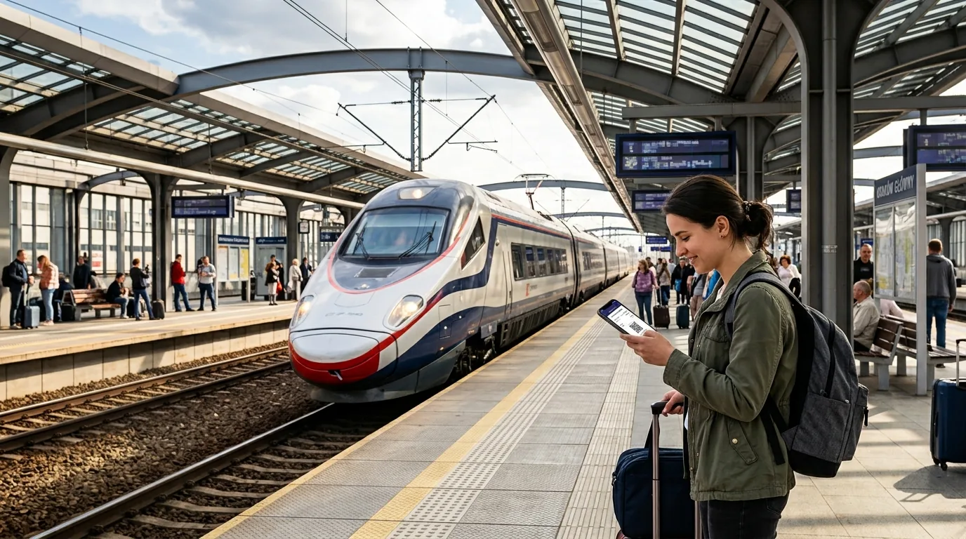 Podróżny sprawdzający tani bilet PKP na telefonie na peronie dworca kolejowego