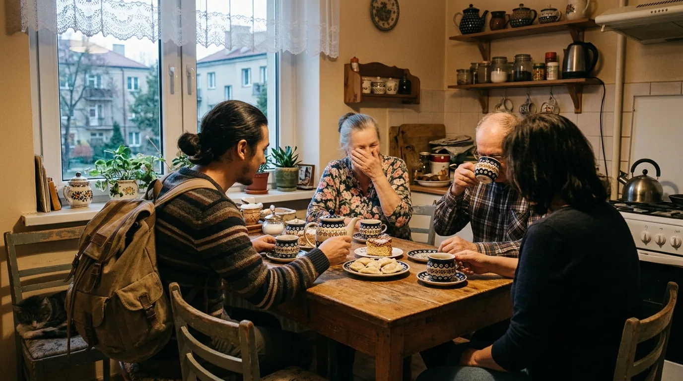 Podróżniczka rozmawiająca z gospodarzem couchsurfingu przy stole w polskim mieszkaniu