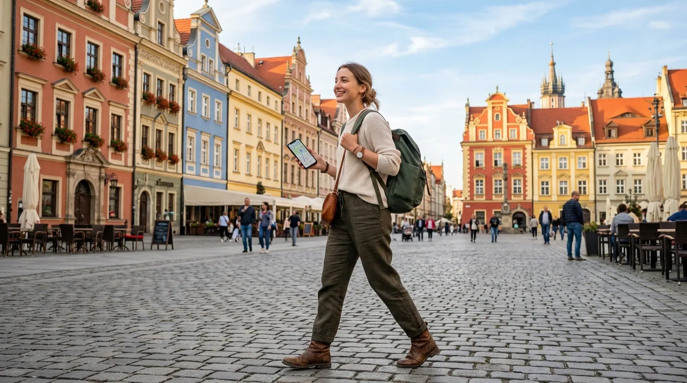 Turysta spacerujący bezpiecznie po zabytkowym rynku w polskim mieście w ciągu dnia