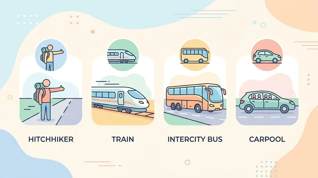 Ikony porównujące autostop, pociąg, autobus i carpooling jako sposoby taniego podróżowania