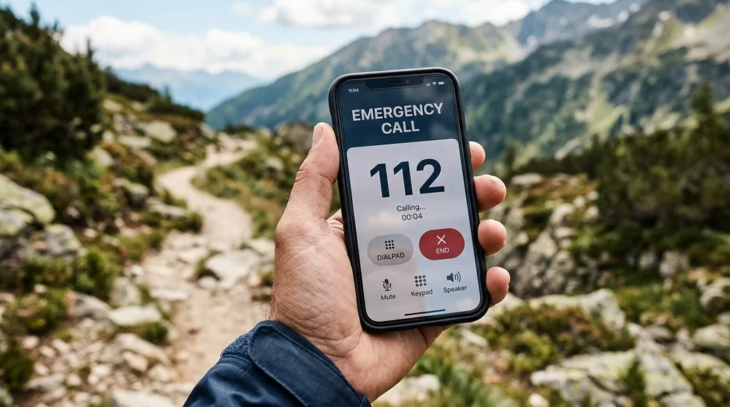 Telefon z wybranym numerem alarmowym 112 na tle szlaku turystycznego