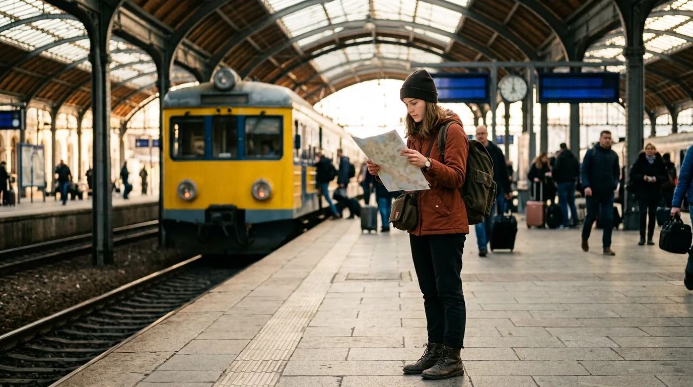 Podróżnik z plecakiem i mapą planujący tanią podróż po Polsce na dworcu kolejowym
