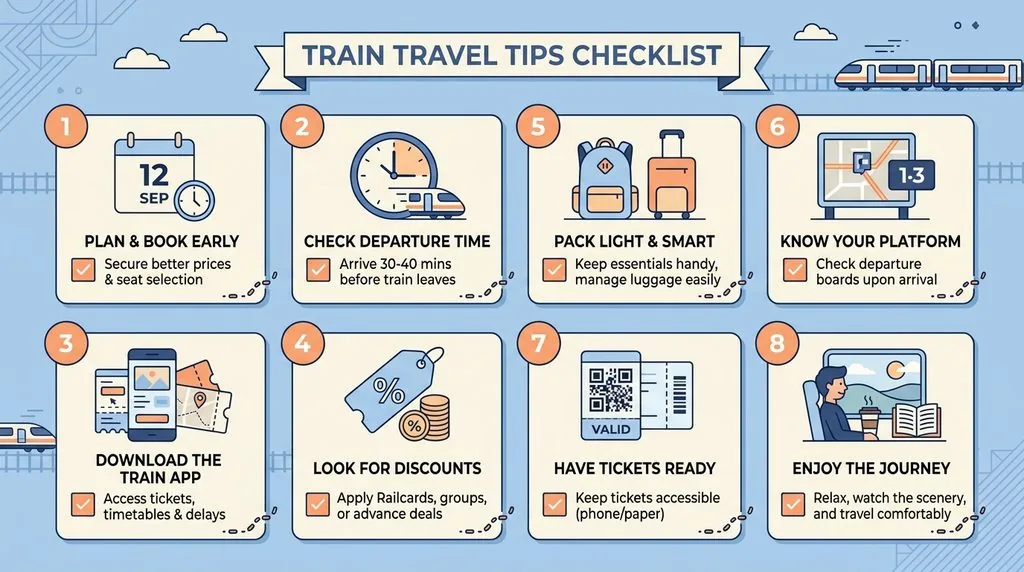Ilustracja checklisty ośmiu sposobów na tani bilet PKP