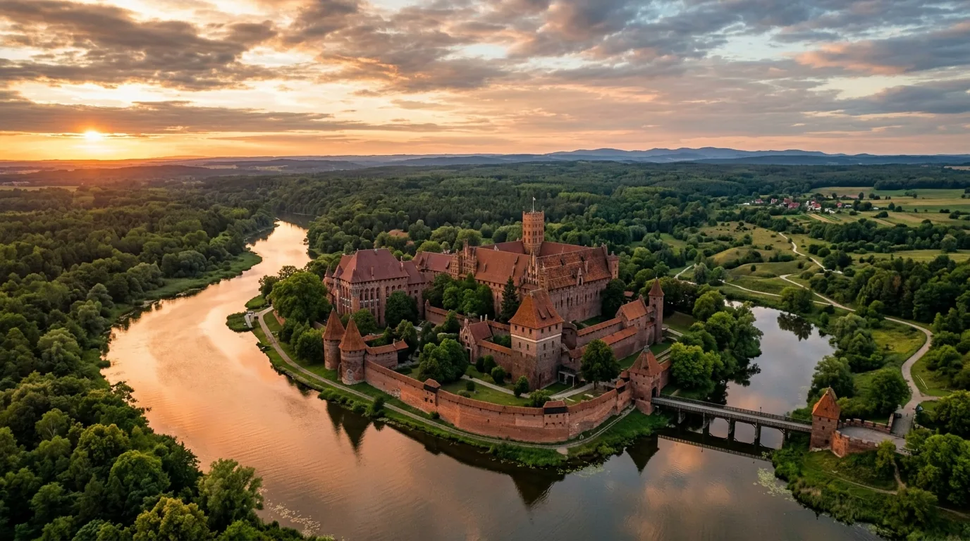 Zamek gotycki nad rzeką o zachodzie słońca, symbol najpiękniejszych zamków w Polsce