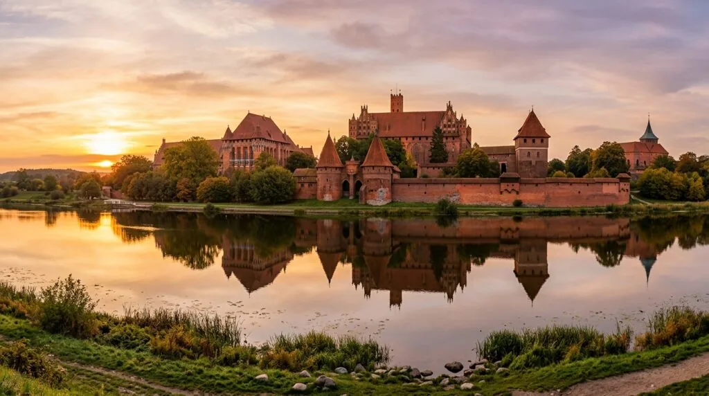 Gotycki zamek krzyżacki w Malborku nad rzeką Nogat o zachodzie słońca