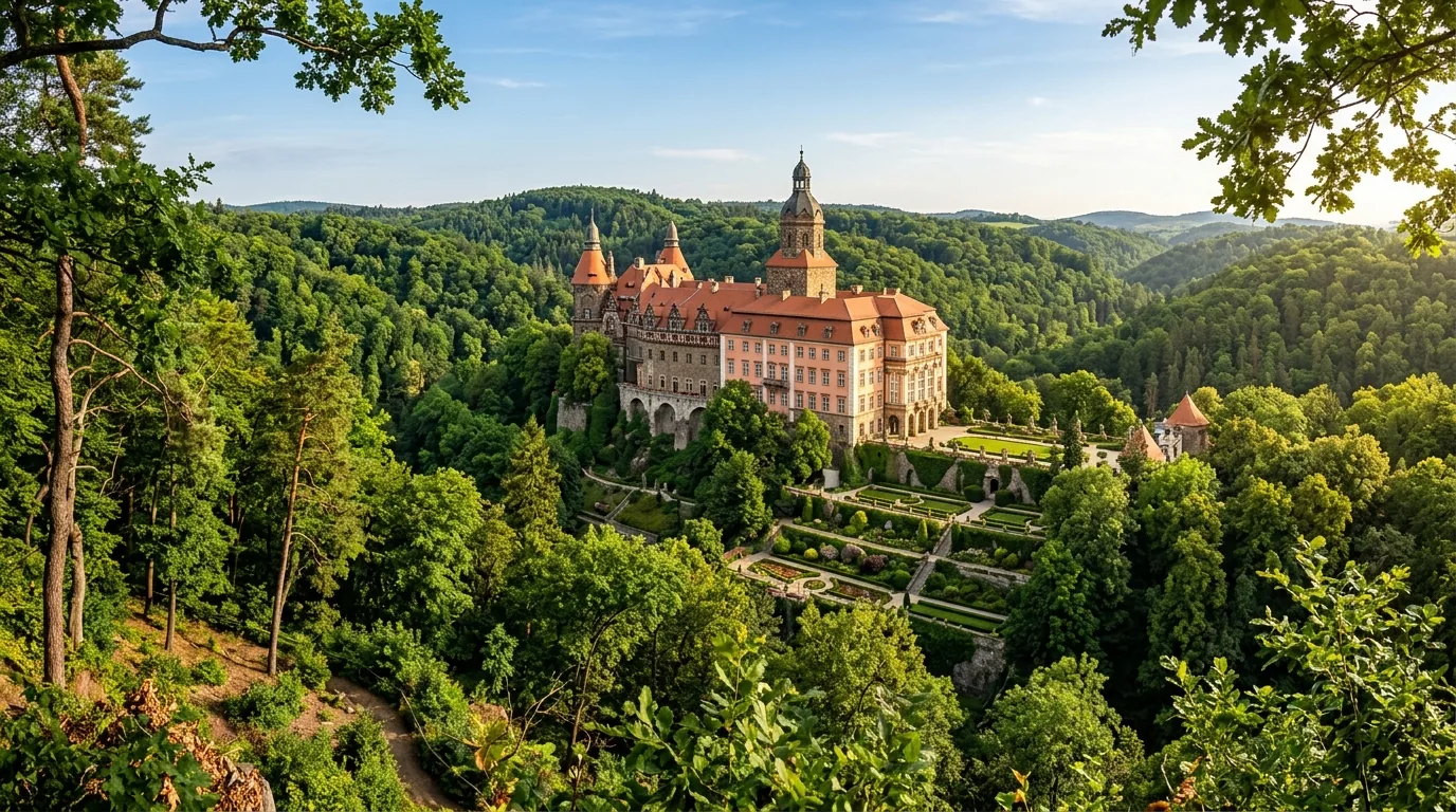 Panorama Zamku Książ w Wałbrzychu otoczonego lasem, widok z punktu widokowego