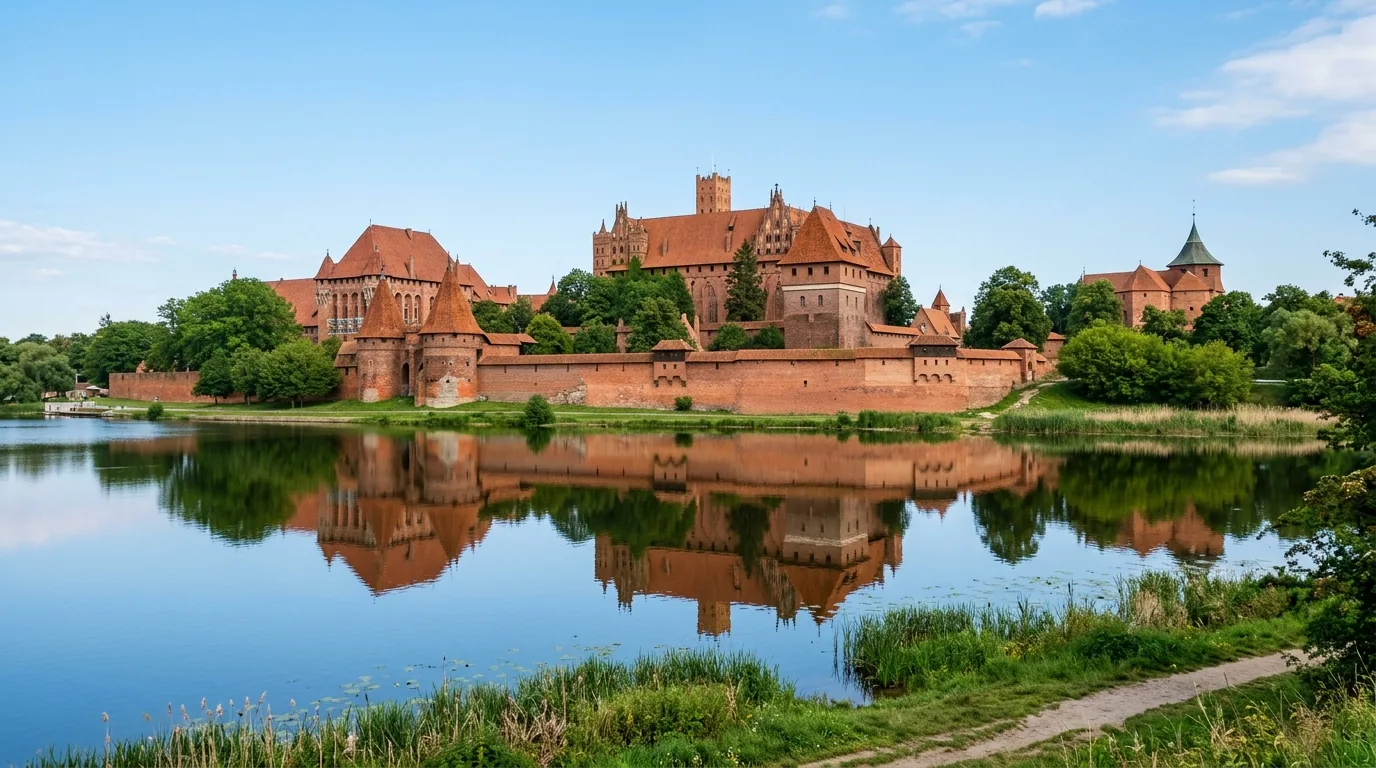 Zamek Malbork widziany od strony rzeki Nogat w słoneczny dzień