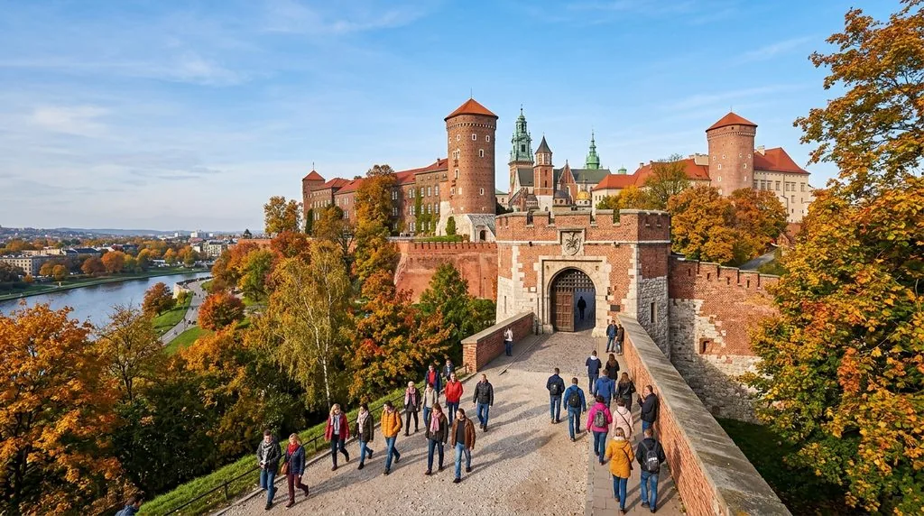 Turyści zwiedzający zabytkowy zamek w Polsce w słoneczny dzień