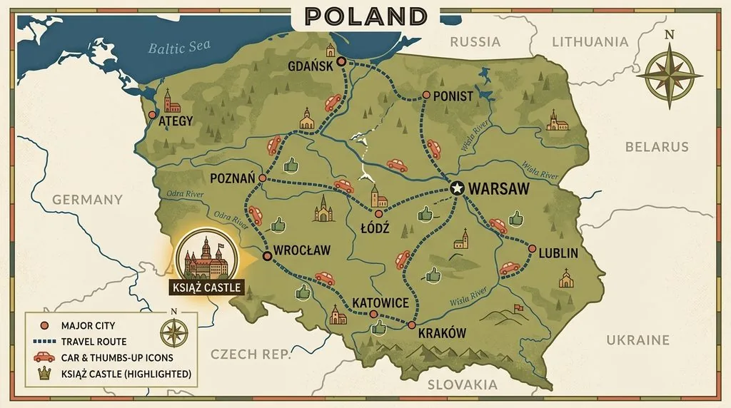 Mapa Polski z zaznaczonymi popularnymi trasami do podróżowania autostopem