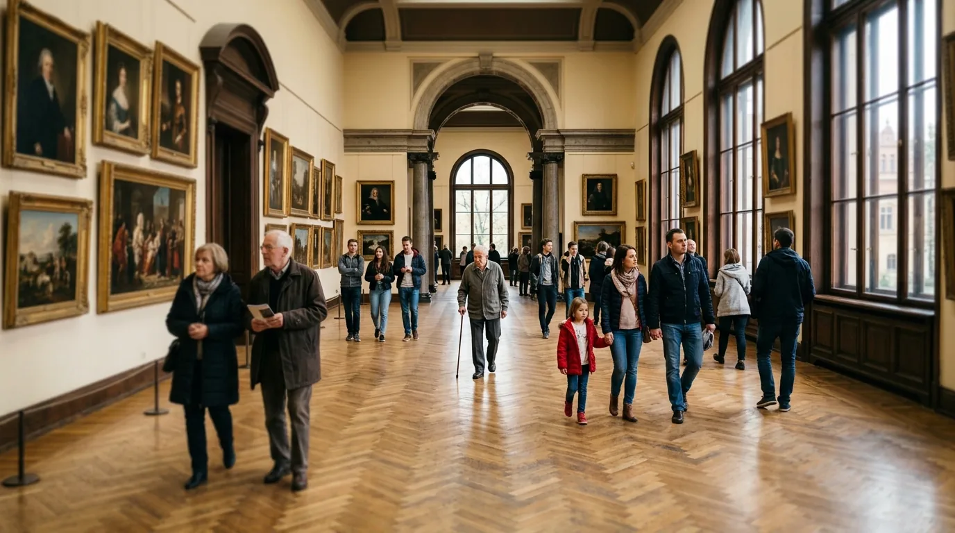 Zwiedzający spacerujący po sali wystawowej polskiego muzeum w dzień darmowego wstępu