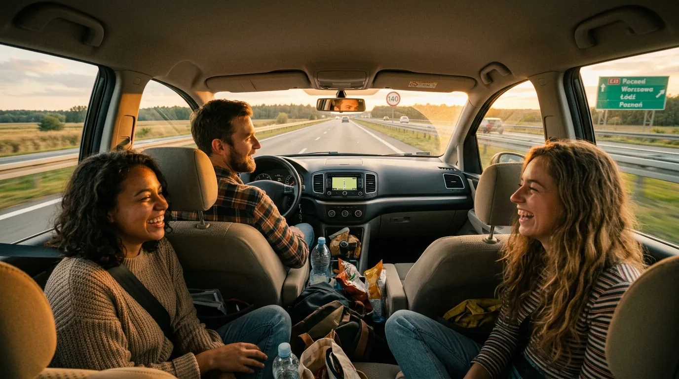 Pasażerowie i kierowca podczas wspólnej podróży samochodem w Polsce w ramach carpoolingu