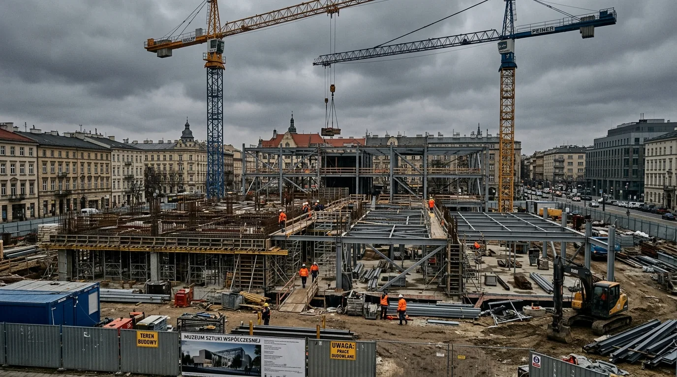 Budowa nowej siedziby Muzeum Powstania Wielkopolskiego w Poznaniu, widoczne żurawie i zarys bryły budynku