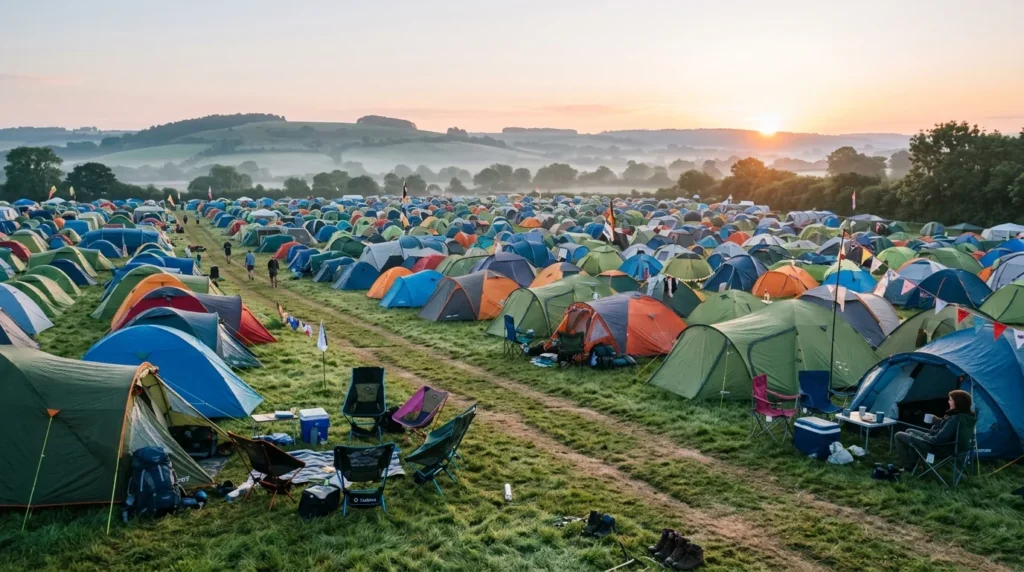 Pole namiotowe na festiwalu muzycznym z rzędami kolorowych namiotów o poranku