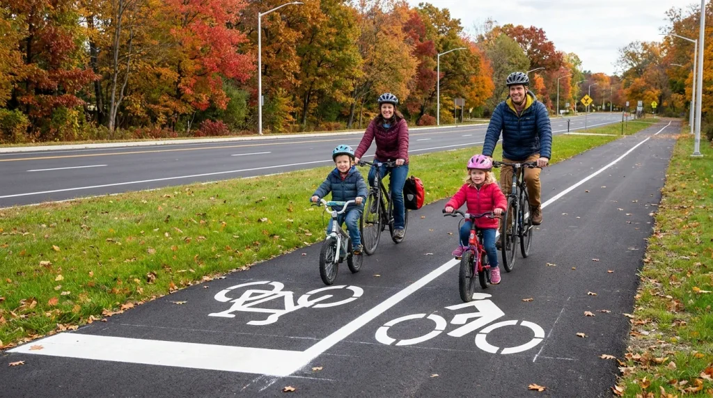 Rodzina jadąca na rowerach nową ścieżką rowerową oddzieloną od jezdni
