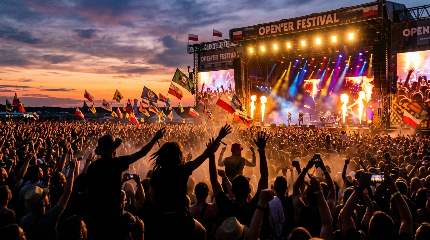 Tłum ludzi na festiwalu muzycznym w Polsce latem, oświetlona scena w tle