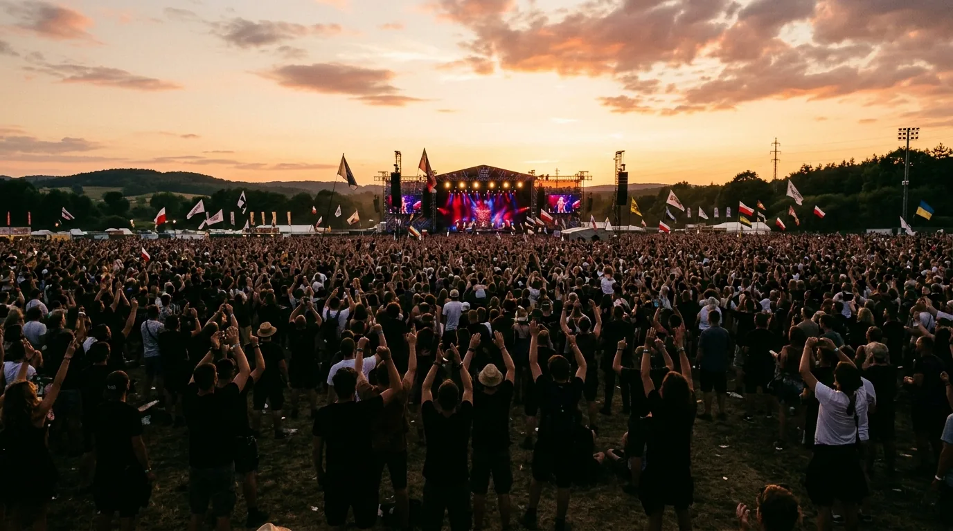 Tłum na festiwalu muzycznym w Polsce podczas letniego koncertu o zachodzie słońca