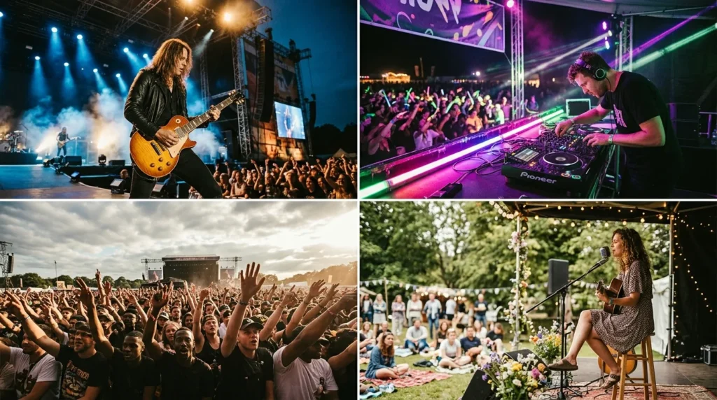 Kolaż zdjęć przedstawiający różne gatunki muzyczne na festiwalach w Polsce - rock, elektronika, hip-hop, pop