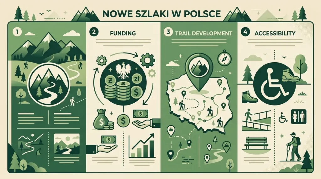 Infografika przedstawiająca cztery kategorie zmian na nowych szlakach turystycznych w Polsce