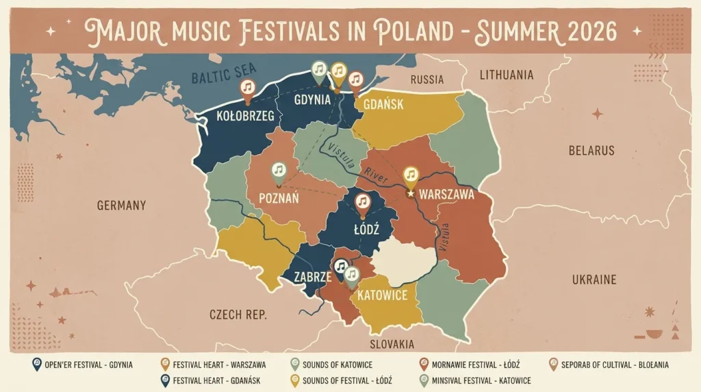 Mapa Polski z zaznaczonymi miastami, w których odbywają się festiwale muzyczne latem 2026