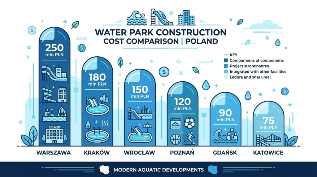 Infografika porównująca koszty budowy aquaparków w różnych miastach Polski