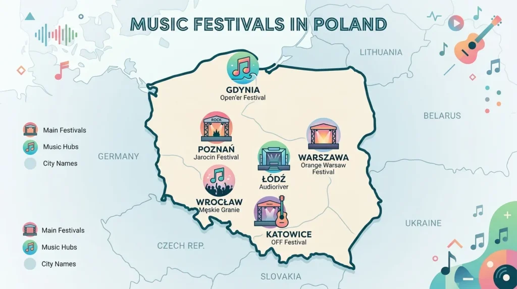 Mapa Polski z zaznaczonymi miastami organizującymi festiwale muzyczne w 2026 roku