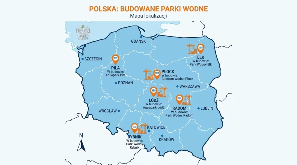 Mapa Polski z zaznaczonymi lokalizacjami budowanych aquaparków