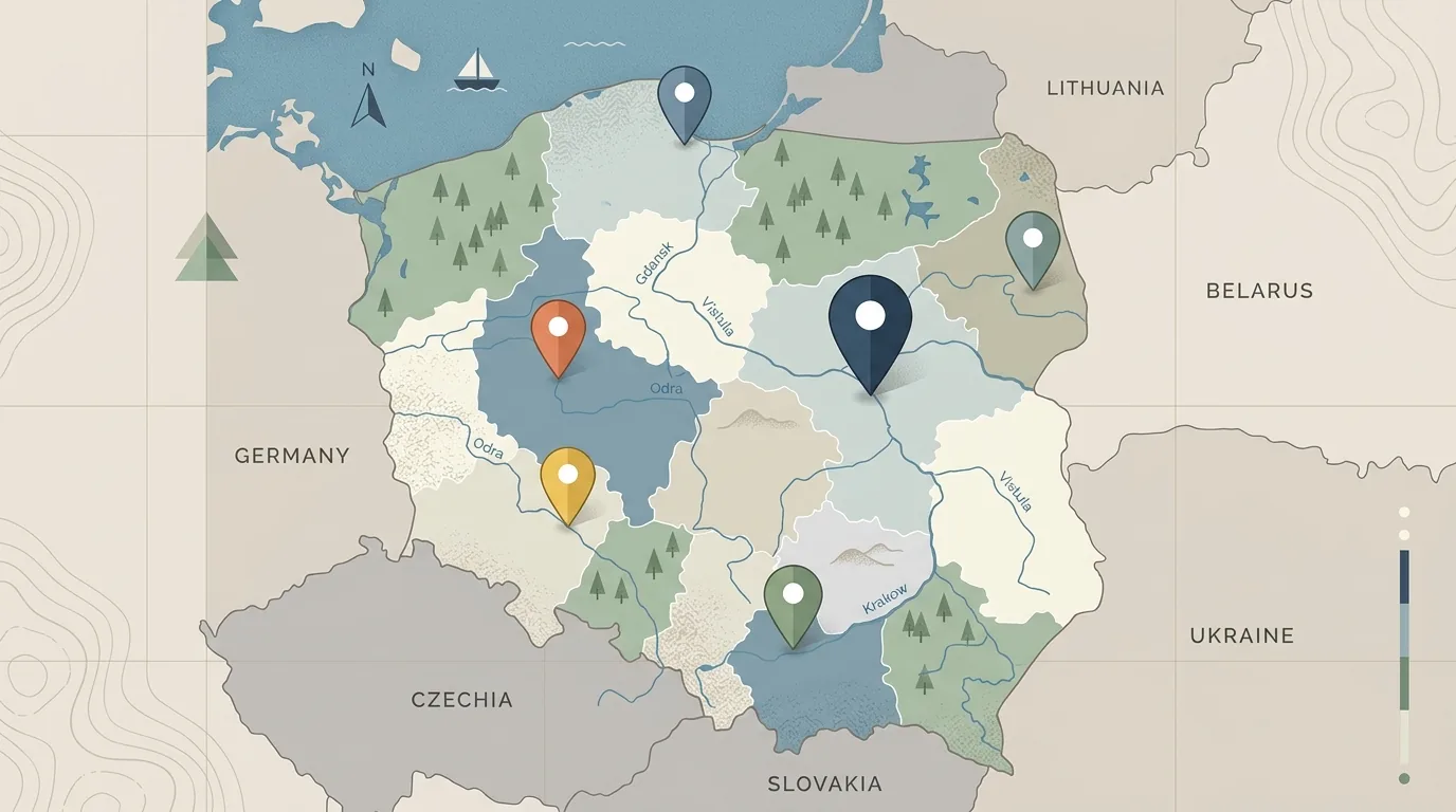 Mapa Polski z zaznaczonymi nowymi muzeami otwartymi w 2025 i 2026 roku oraz placówkami w budowie