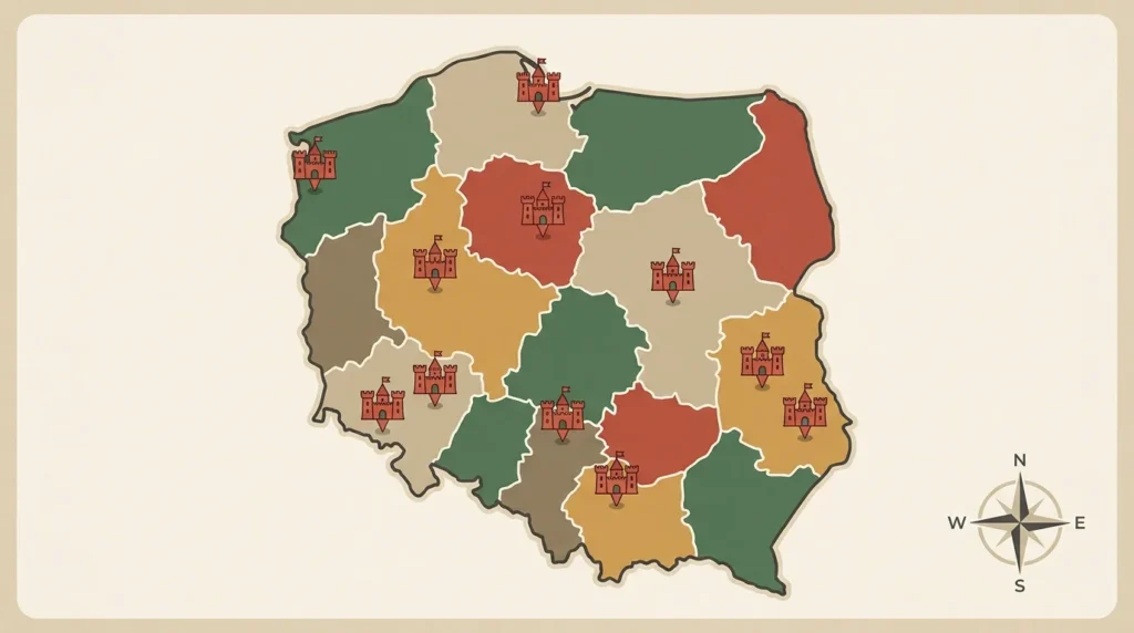 Mapa Polski z zaznaczonymi lokalizacjami zamków objętych remontem