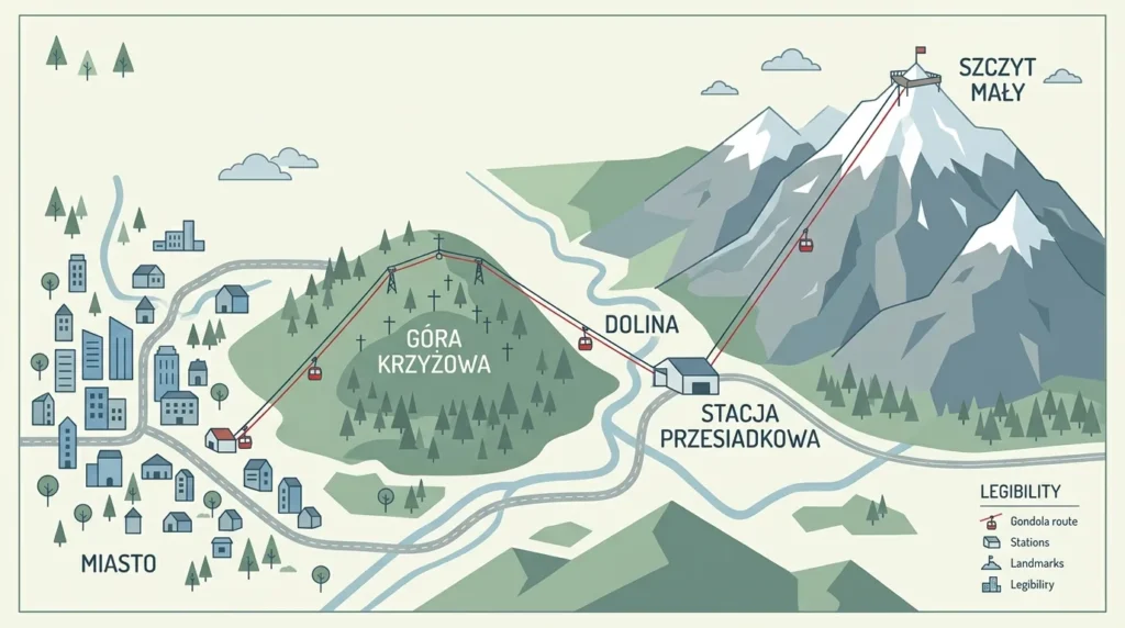 Mapa planowanej trasy kolei gondolowej z centrum Krynicy-Zdroju do Czarnego Potoku