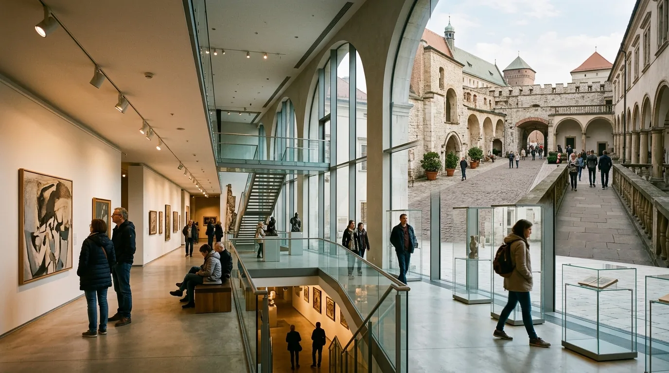 Nowoczesne wnętrze muzeum w Polsce z odwiedzającymi oglądającymi wystawę w 2026 roku