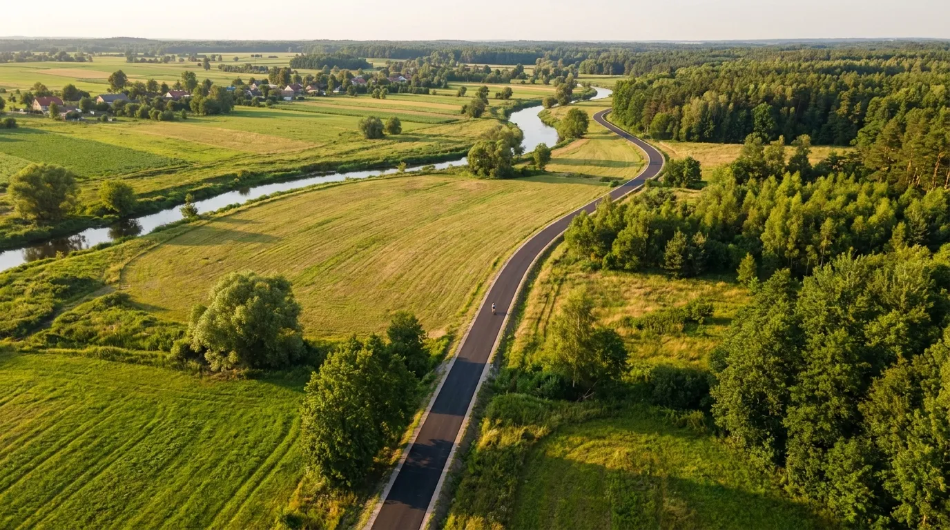 Nowo wybudowana ścieżka rowerowa w Polsce widziana z drona, otoczona zielenią