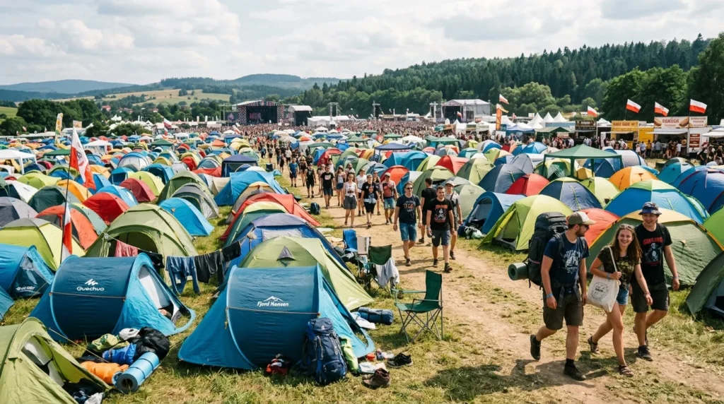 Pole namiotowe uczestników festiwalu muzycznego w Polsce