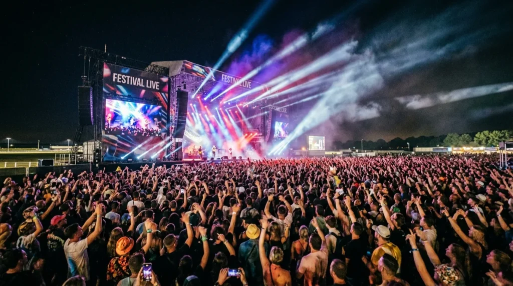 Tłum publiczności przed główną sceną festiwalu muzycznego nocą
