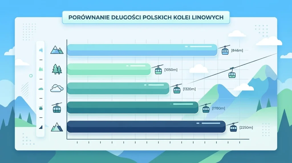 Infografika porównująca długość kolei gondolowych w Krynicy-Zdroju, Solinie i innych lokalizacjach w Polsce