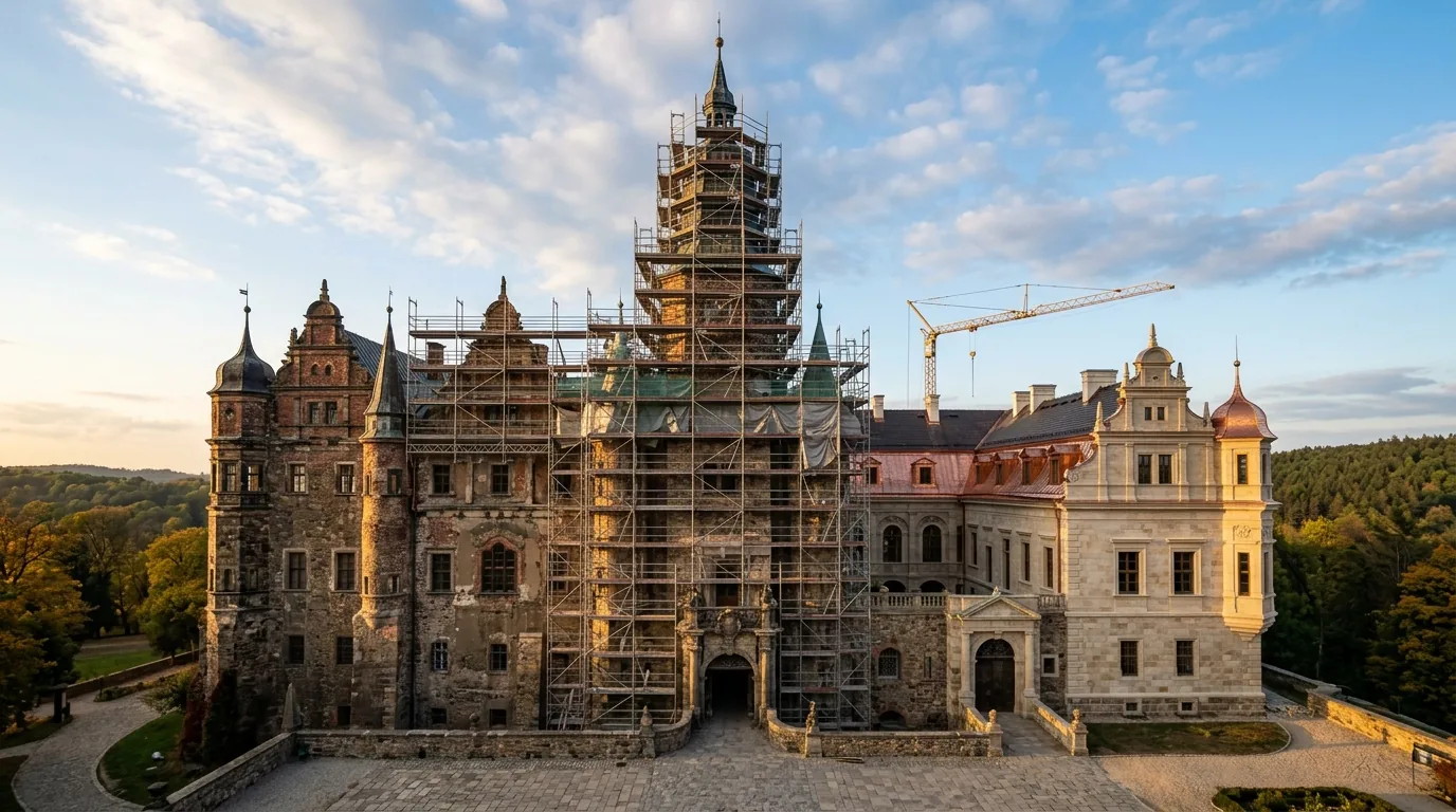 Zabytkowy zamek w Polsce w trakcie remontu elewacji, rusztowania na murach