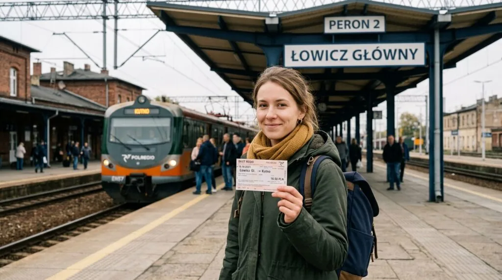 Osoba trzymająca bilet kolejowy na stacji podczas podróży po Polsce