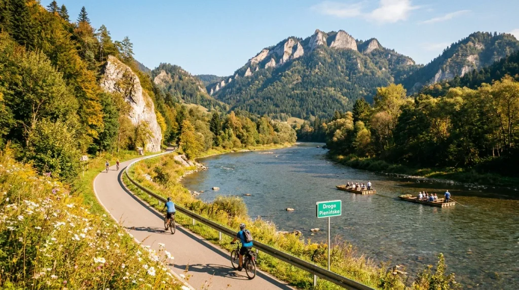 Trasa rowerowa Velo Dunajec wzdłuż rzeki w otoczeniu gór