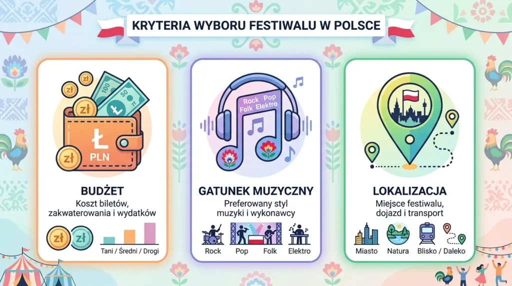 Infografika przedstawiająca kryteria wyboru festiwalu muzycznego: budżet, gatunek muzyczny, lokalizacja