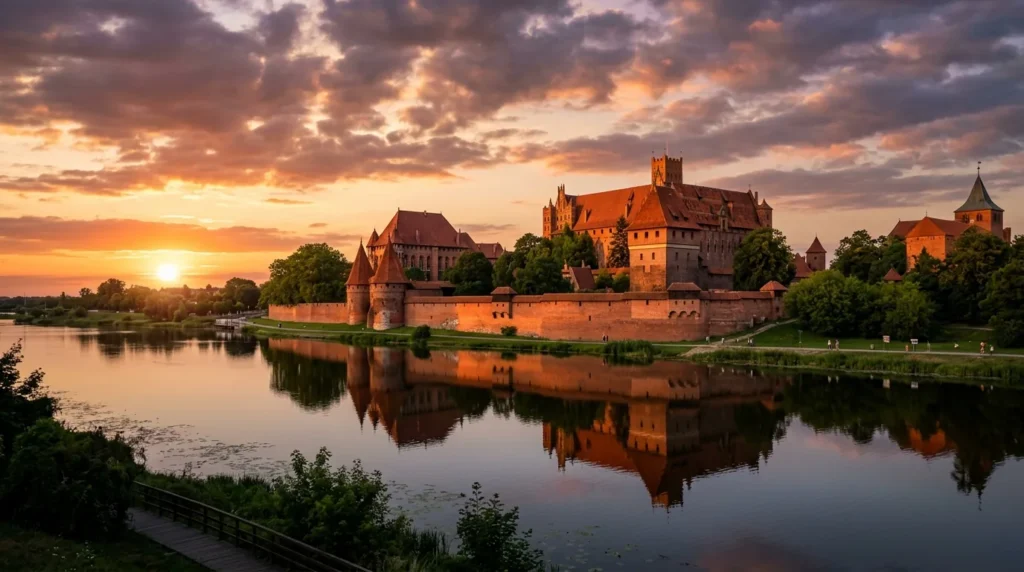Zamek krzyżacki w Malborku wpisany na listę UNESCO nad rzeką Nogat